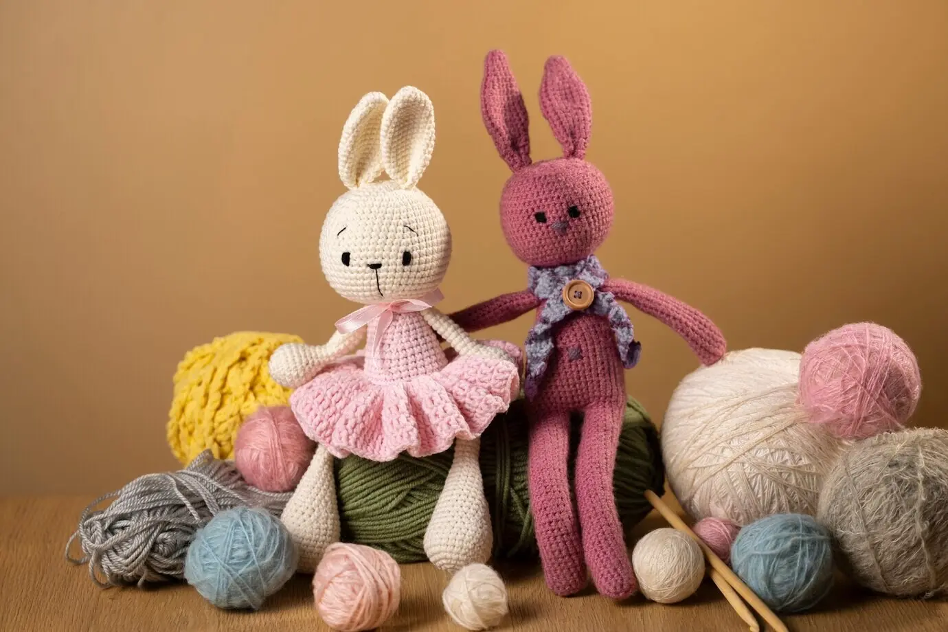 Stillleben mit gehäkelten Kuscheltieren