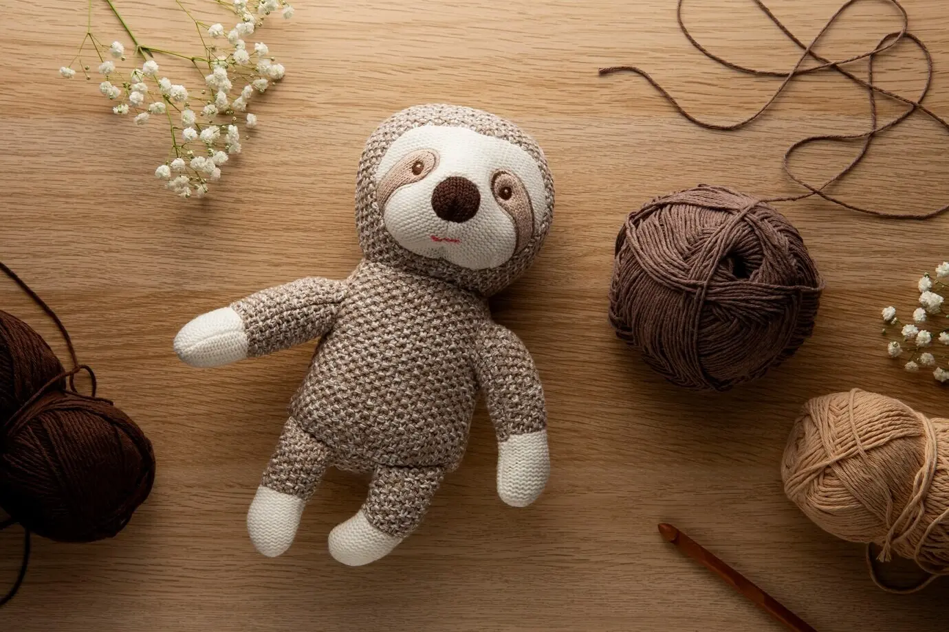 Draufsicht auf ein Stillleben mit gehäkelten Plüschobjekten.